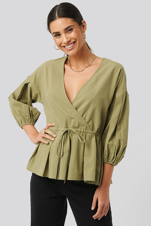 NA-KD Balloon Sleeve Drawstring Blouse grön