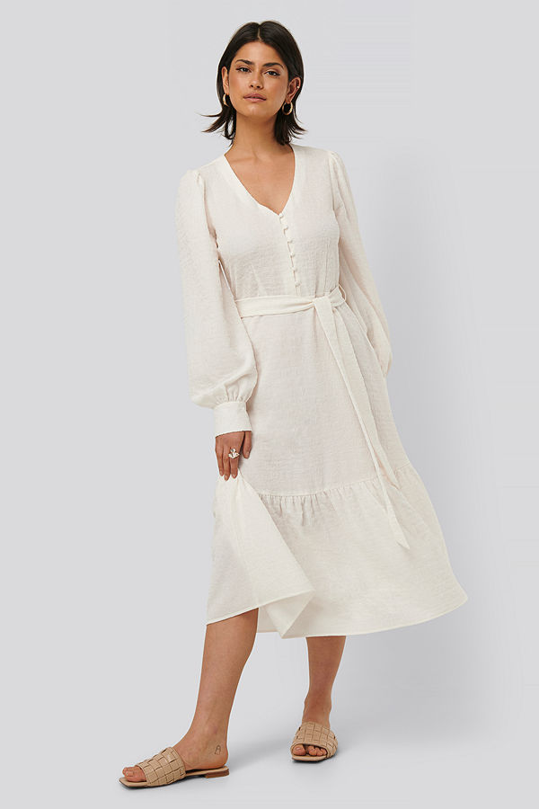 NA-KD Boho Structured Tie Waist Dress vit