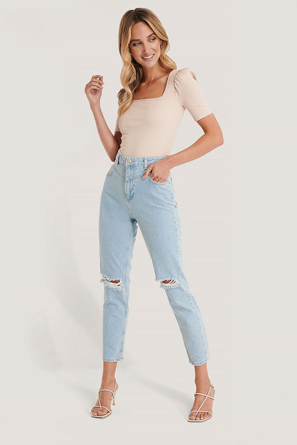 Trendyol Mom Jeans Med Hög Midja Och Slitna Detaljer blå