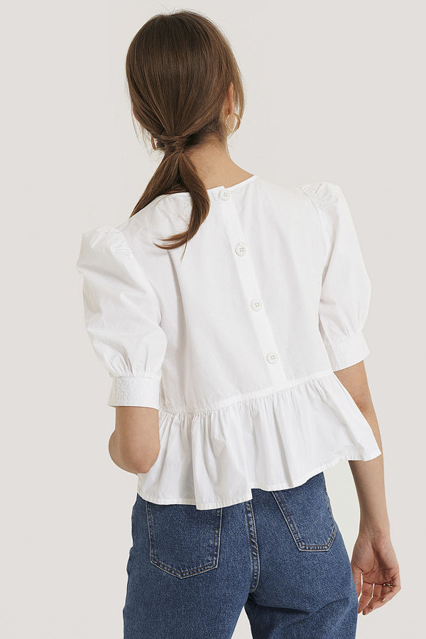 NA-KD Boho Bomullsblus Med Puffärm vit