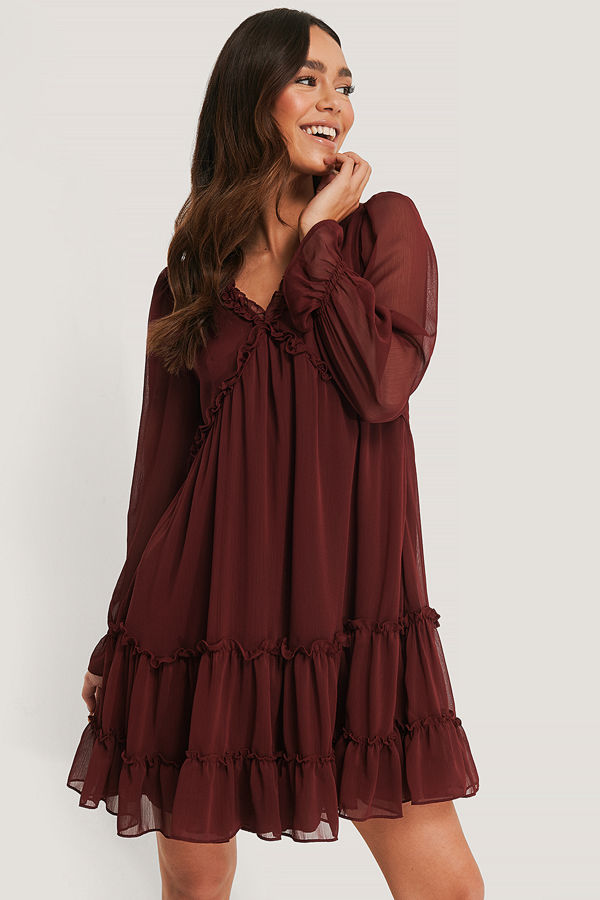 Trendyol Sheer Ruffle Mini Dress burgundy