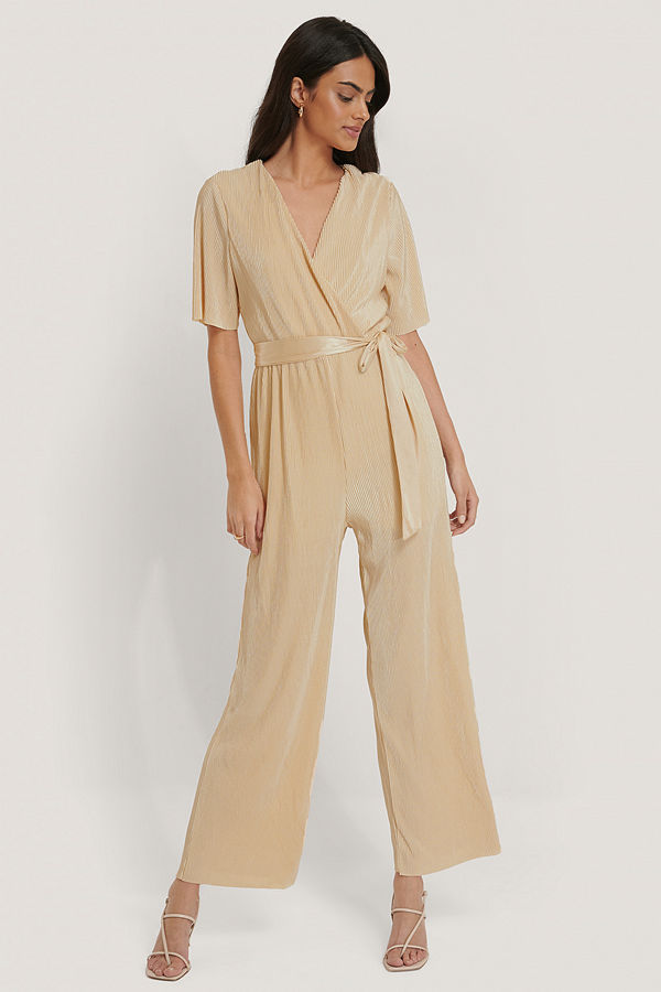NA-KD Pleated Tie Jumpsuit beige