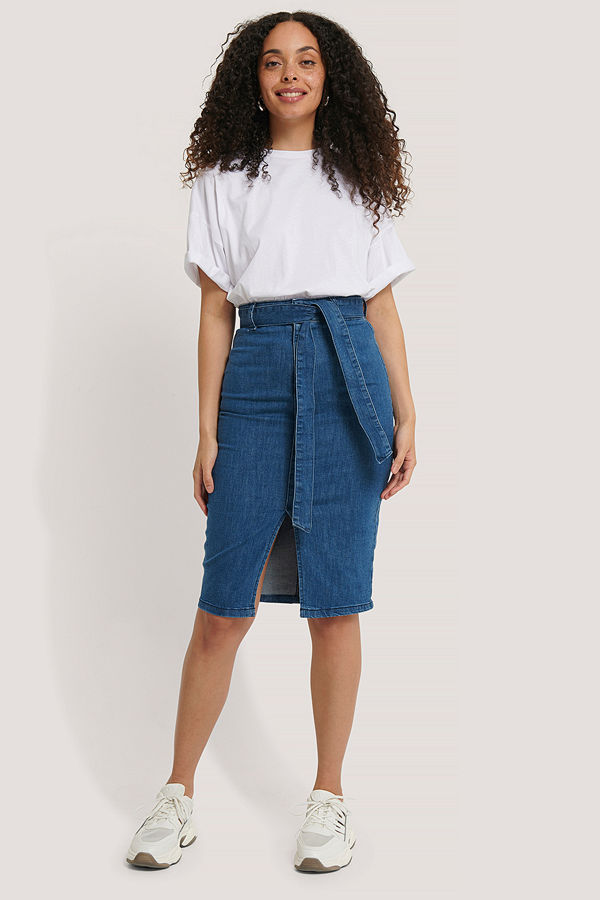 NA-KD Trend Belted Midi Denim Skirt blå