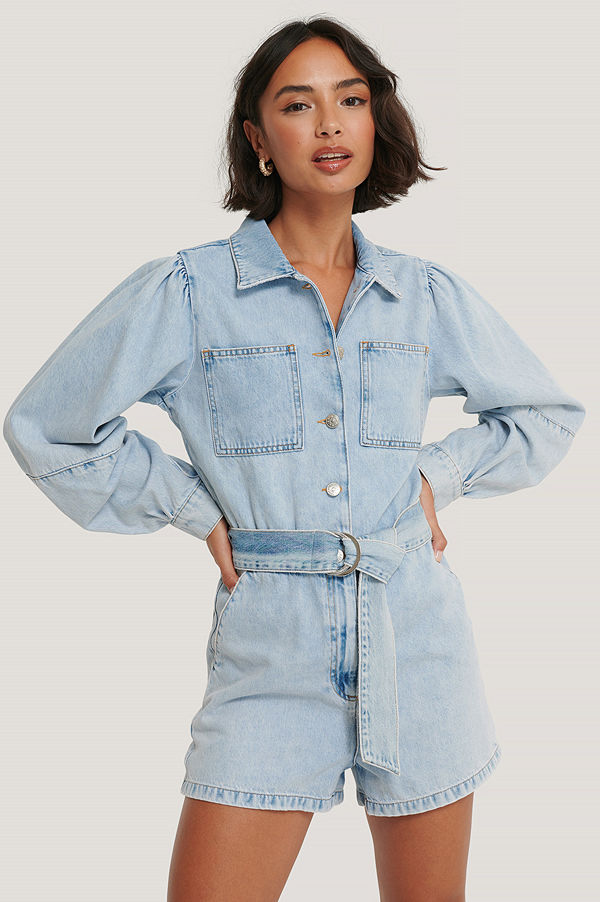NA-KD Playsuit I Denim Med Puffärm blå