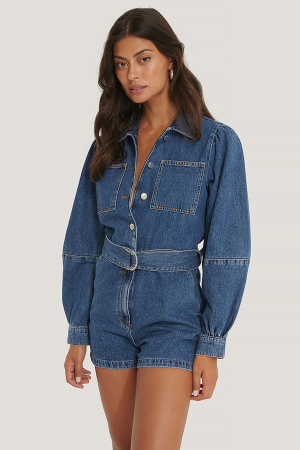 NA-KD Playsuit I Denim Med Puffärm blå