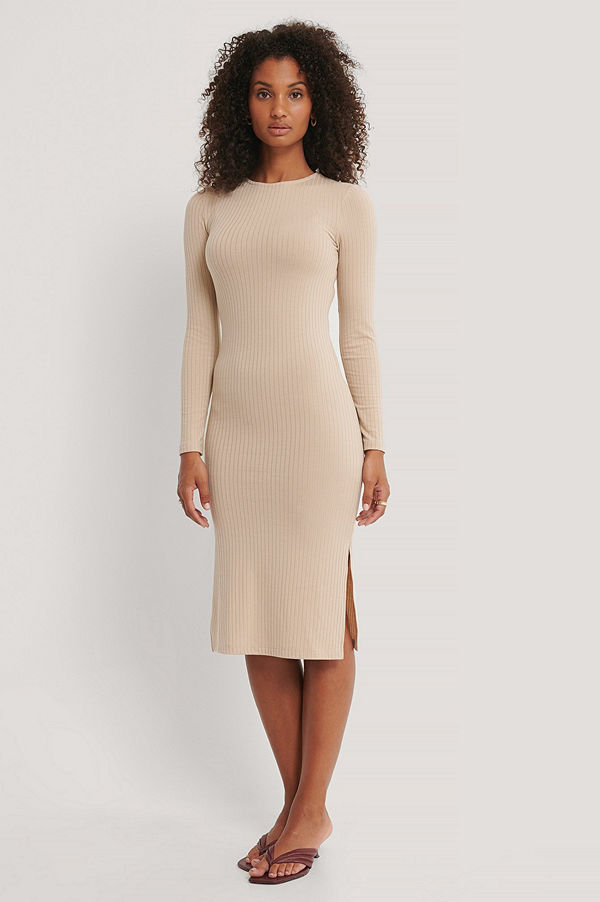 NA-KD Ribbad Klänning Med Slits beige