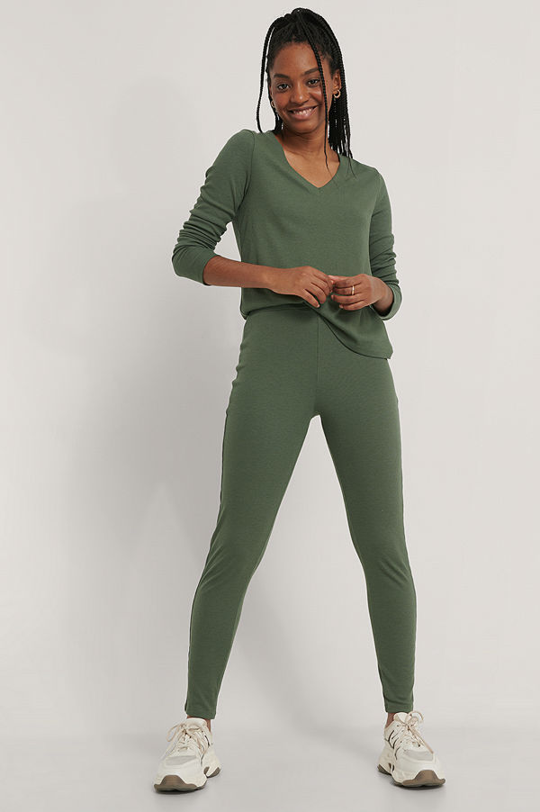 NA-KD Basic Mjuka Ribbade Tights Med Hög Midja grön