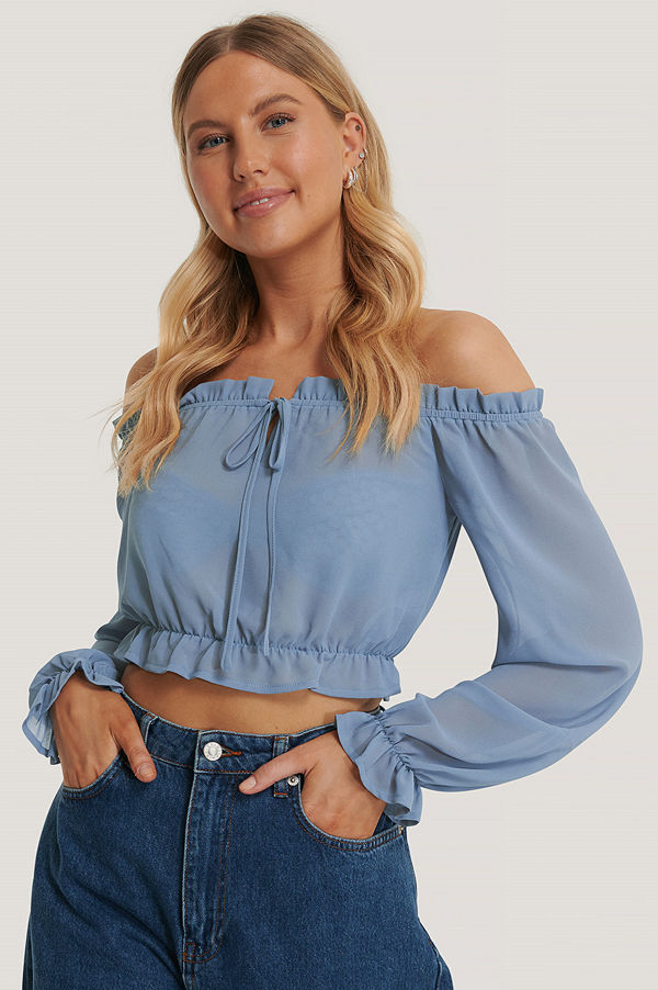 NA-KD Boho Långärmad, Croppad Topp Med Rysch blå