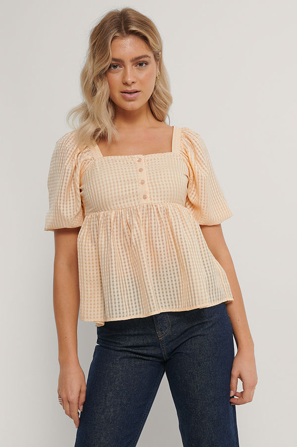 NA-KD Boho Rutig Blus Med Puffärm gul