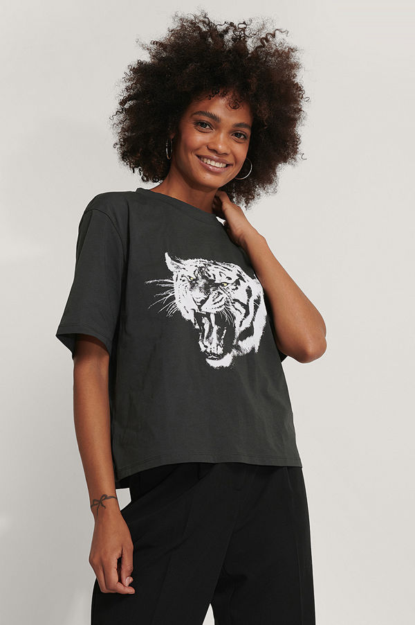 NA-KD Oversize T-Shirt Med Tryck grå