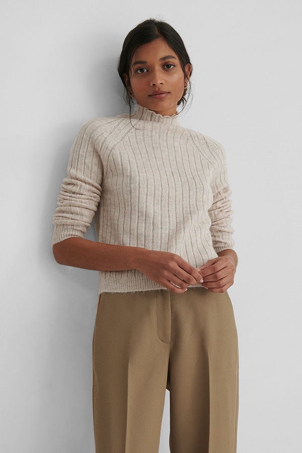 Trendyol Stickad, Ribbad Polotröja beige