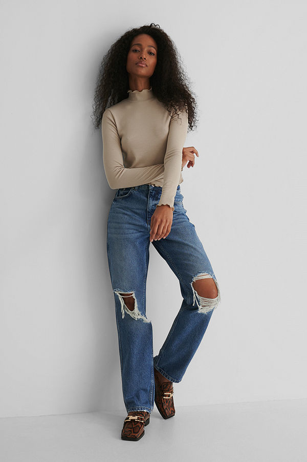 NA-KD Trend Distressed Straight Fit Jeans blå