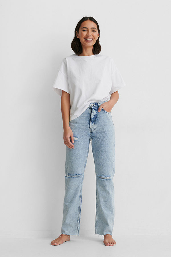 NA-KD Reborn Ekologiska Jeans Med Slitningar På Knäet Och Hög Midja blå