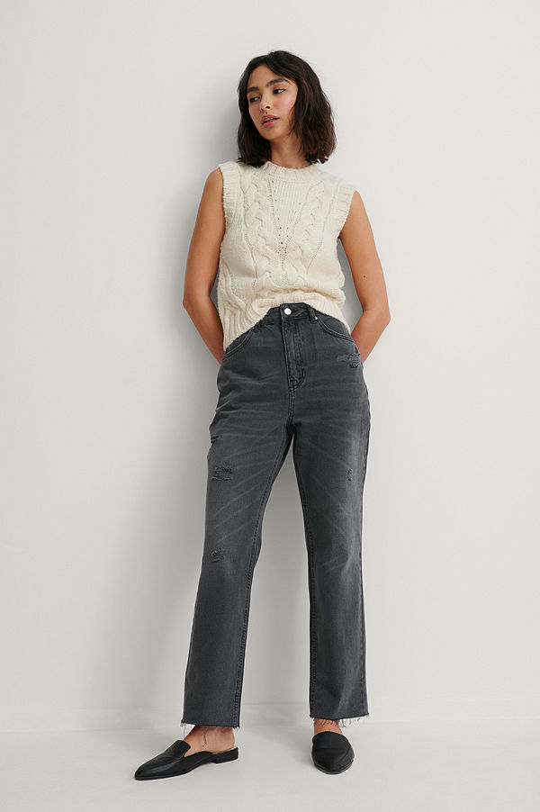 NA-KD Sliten Denim Med Raka Ben grå