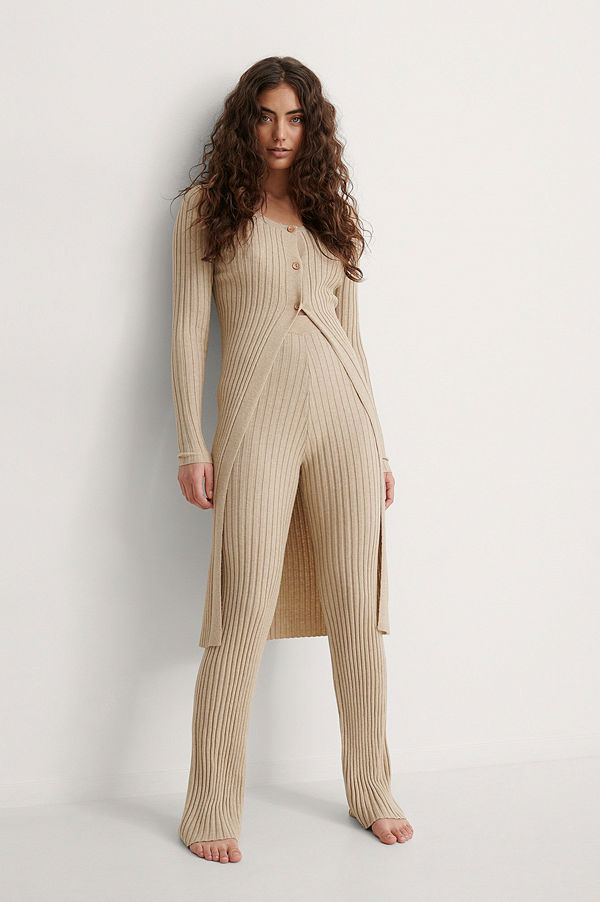 NA-KD Trend Ribbstickad Lång Cardigan beige