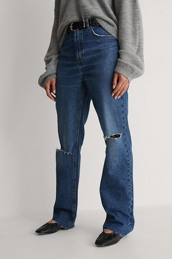 NA-KD Trend Raka Jeans Med Hög Midja Och Slitningar På Knät blå