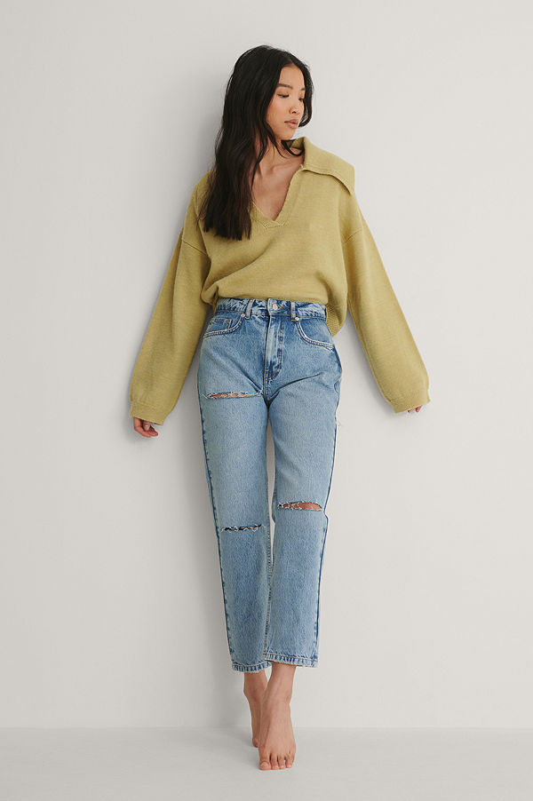 NA-KD Trend Mom Jeans Med Skuren Detalj Bak blå