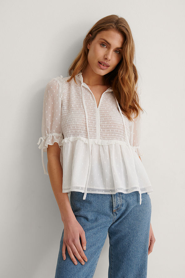 NA-KD Boho Recycled blus med smock och knytdetalj vit