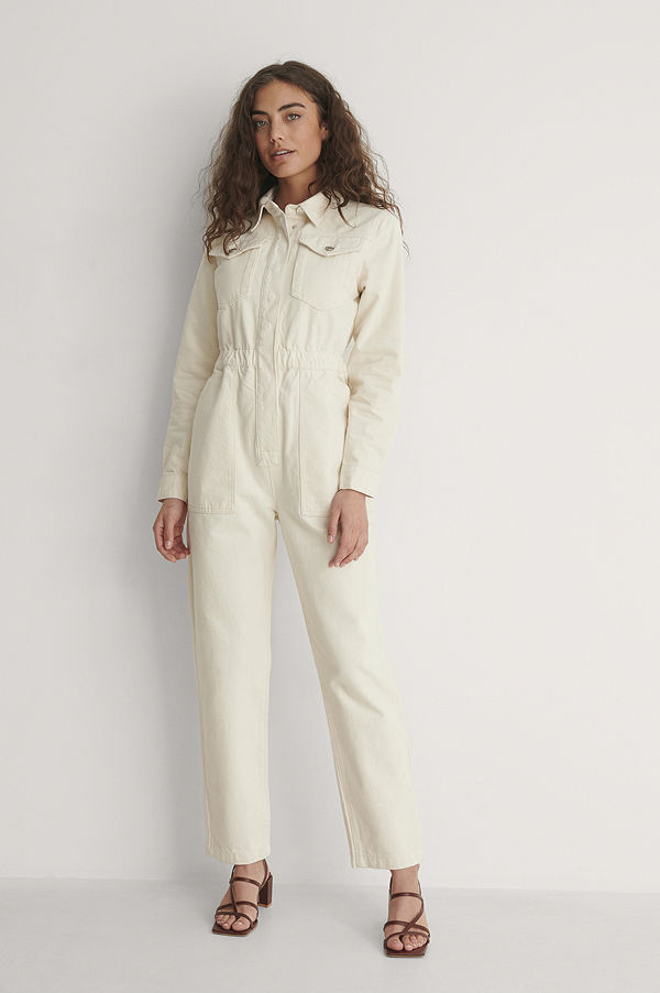 NA-KD Trend Ekologisk Denim Jumpsuit Med Elastisk Midja offvit