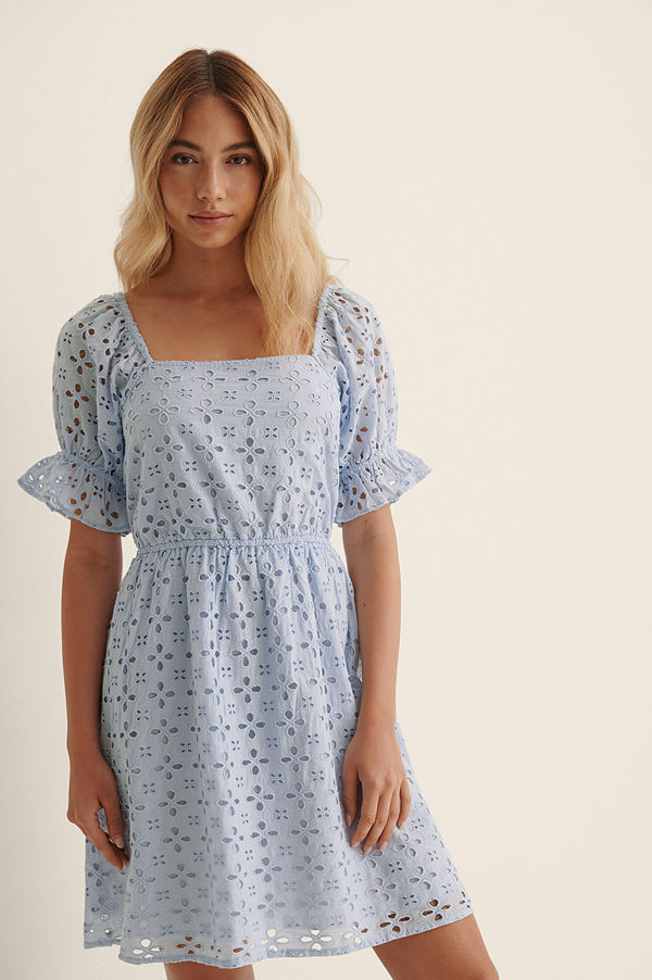 NA-KD Boho Ekologisk Klänning Med Puffärm blå