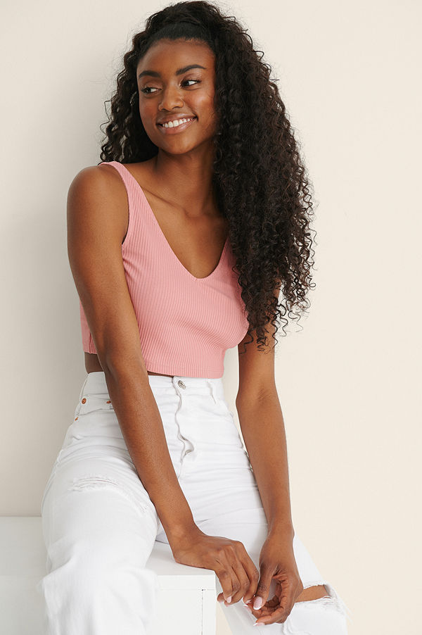 NA-KD Basic Ekologisk V-Ringad Ribbad Crop-Topp rosa