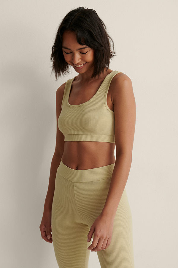 NA-KD Basic Recycled Ribbstickad, Croppad Topp grön
