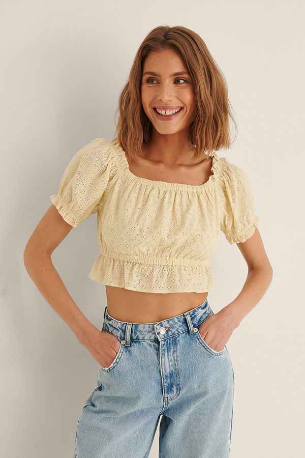 NA-KD Boho Ekologisk Topp Med Anglaise Och Puffärm gul