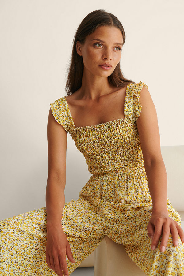 NA-KD Boho Tryckt, Smockad Jumpsuit gul