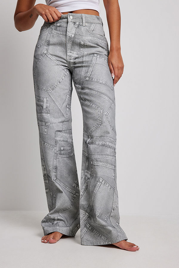 NA-KD Denim med tryck, hög midja och vida ben grå