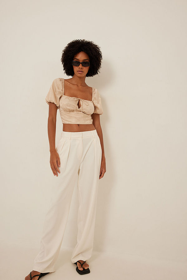 NA-KD Boho Short Sleeve Tie Front Satin Top beige