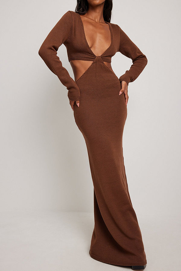 NA-KD Trend Cut out -stickad maxi klänning brun