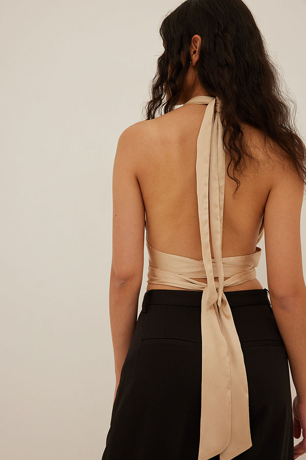 NA-KD Party Tie Waist Satin Top beige