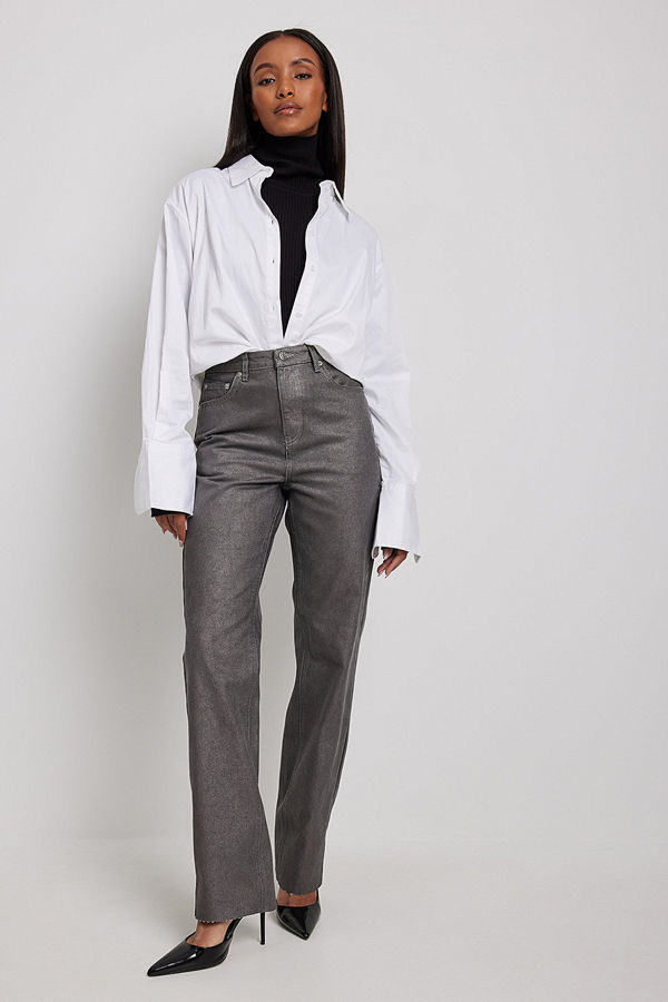 NA-KD Glitter High Waist Straight Jeans brun