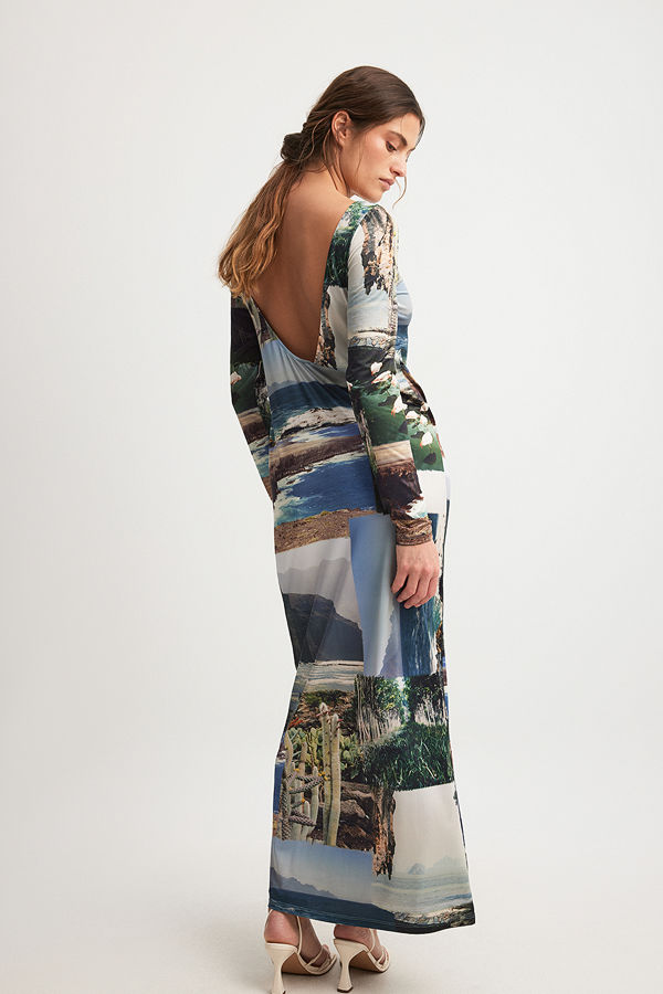 NA-KD ART Långärmad maxiklänning med fotografiskt kollage multicolor