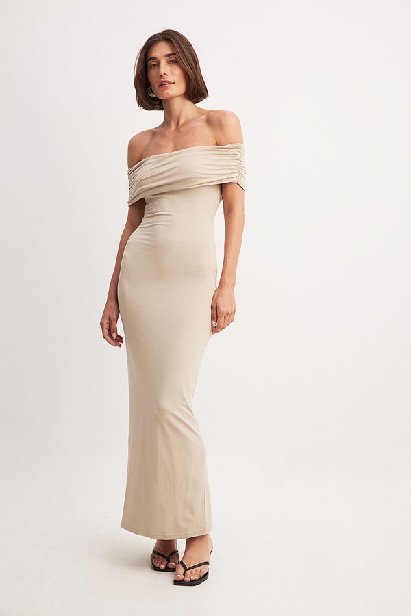 NA-KD Soft Line Off Shoulder Maxi Dress beige
