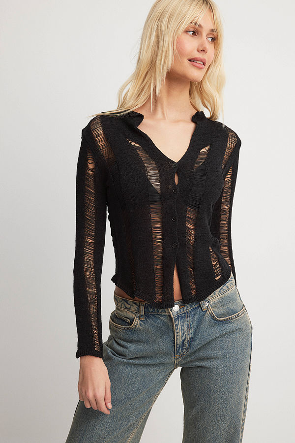 NA-KD Finstickad cardigan med slitna detaljer svart