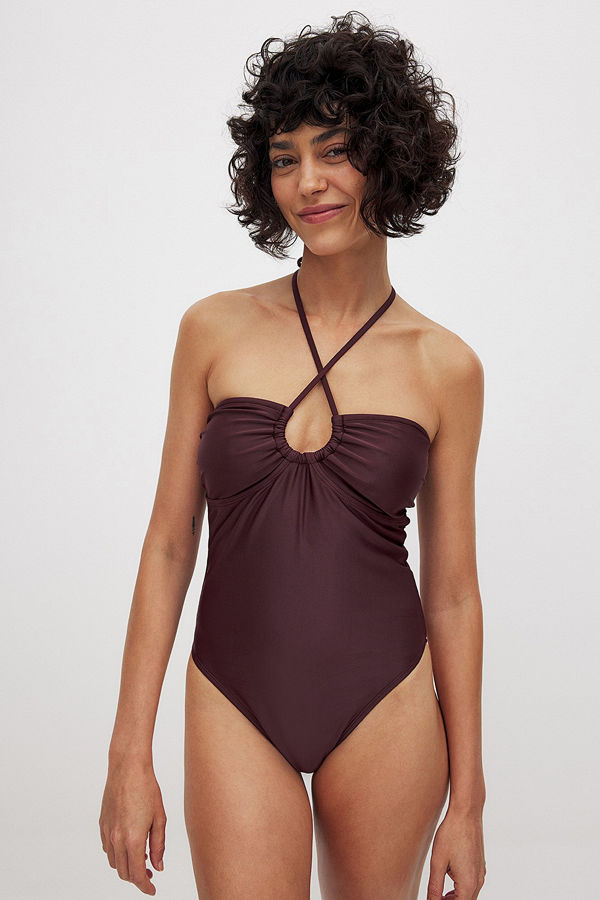 NA-KD Front Drawstring Swimsuit brun burgundy