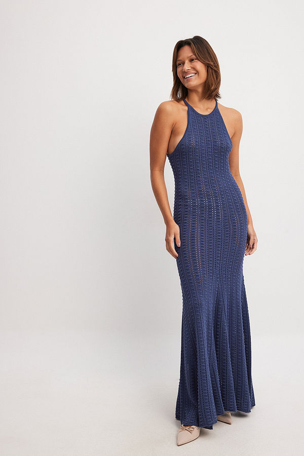 NA-KD Virkstickad midiklänning navy