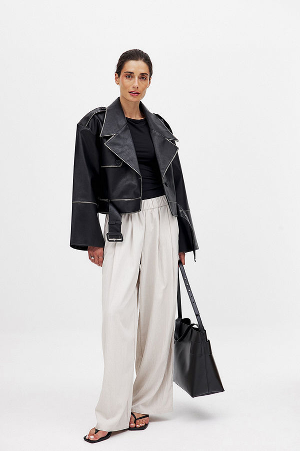 NA-KD byxor Crinkled Elastic Waist Wide Leg Trousers beige