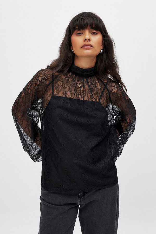 NA-KD Balloon Sleeve Lace Blouse svart
