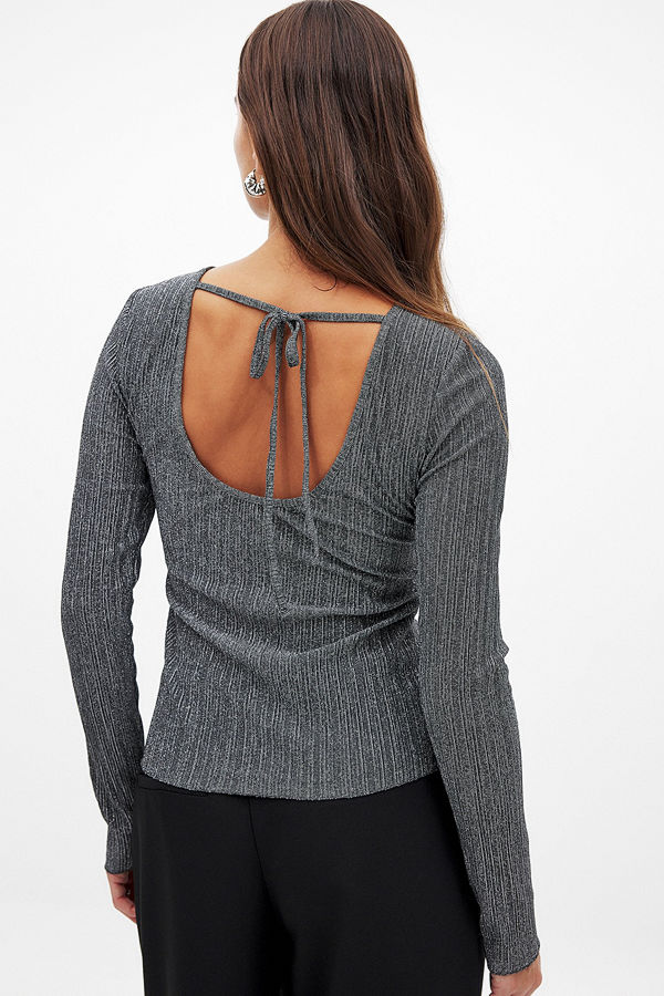 NA-KD Pleated Mesh Glitter Top silver