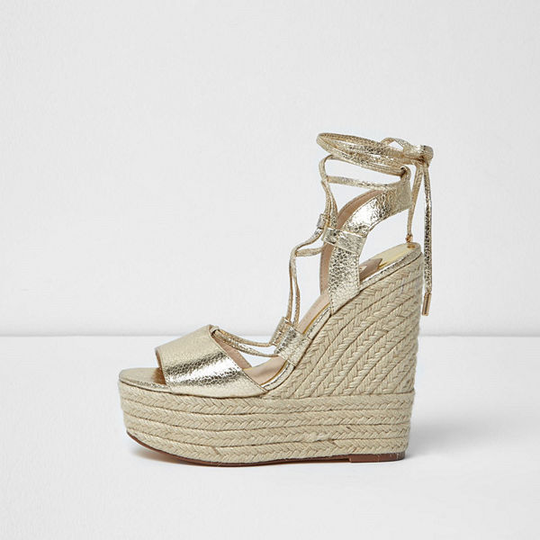 River Island Gold tie up espadrille platform wedges Modegallerian