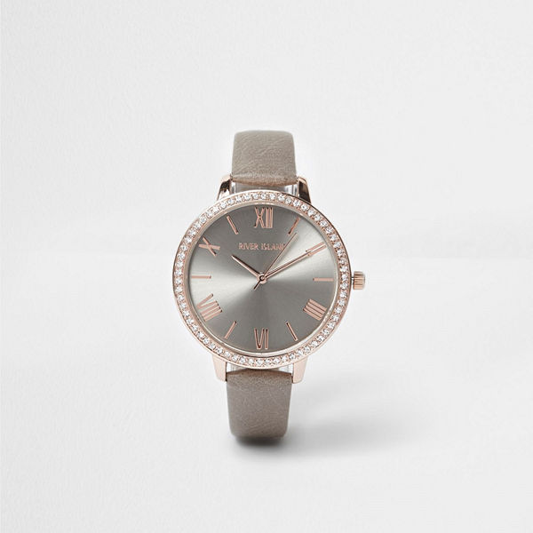 River Island Grey and rose gold tone diamante face watch