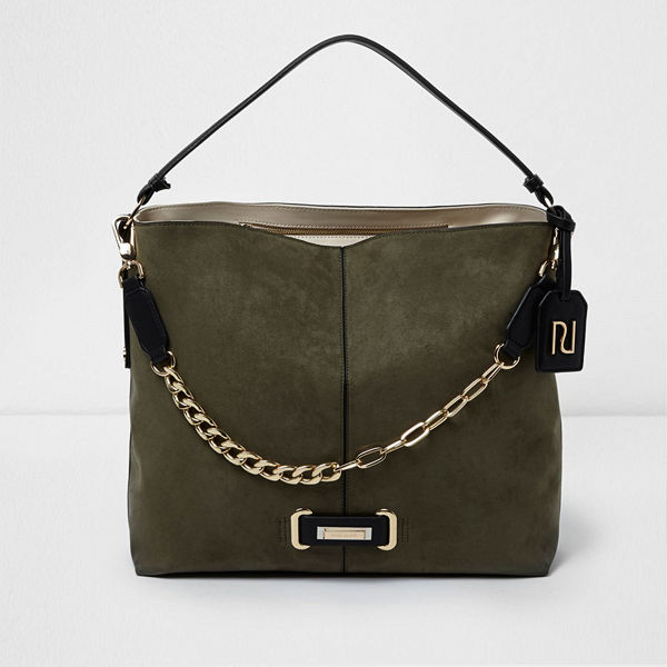 River Island axelväska Khaki green chain front underarm slouch bag