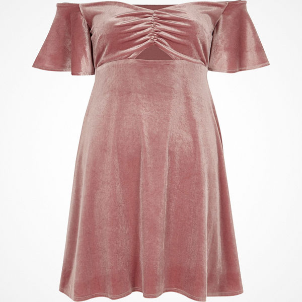 river island pink velvet dress River Island Pink velvet ruched bardot mini skater dress
