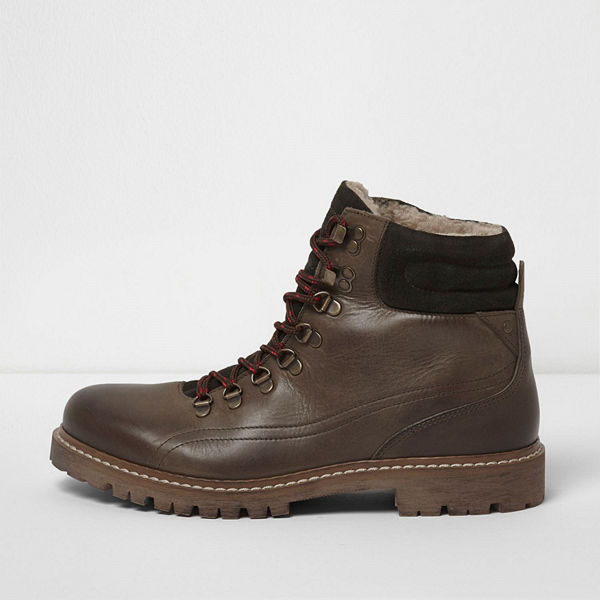 River Island Dark Green borg lined lace-up hiker boots