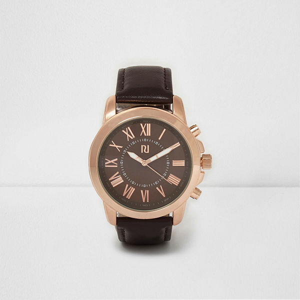 River Island Dark Brown and rose gold round face watch