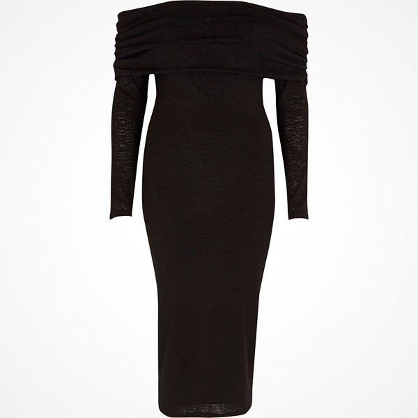 River Island Black ruched folded bardot knit midi dress