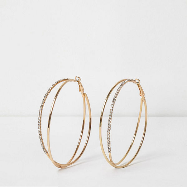 River Island örhängen Gold tone double hoop diamante earrings