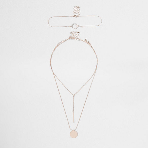 River Island halsband Rose Gold tone circle layer choker set